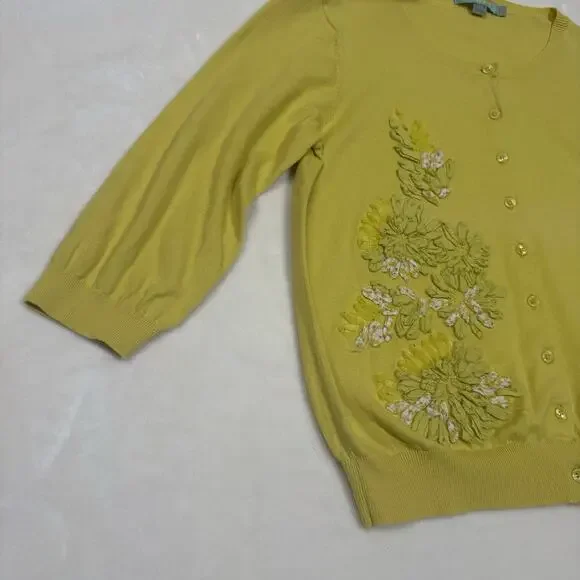 Boden Yellow Floral Applique Cardigan Cotton Sweater US 12 Spring Embellished - Picture 3 of 12